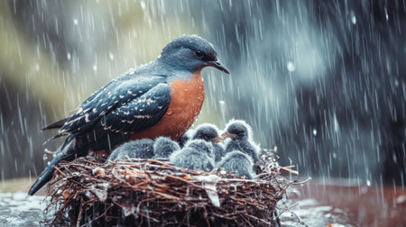 A heartwarming scene of a parent bird sheltering its fluffy chicks in a nest, surrounded by pouring rain. This image captures the beauty of nature and the protective instincts of wildlife.の素材