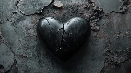 A striking image of a cracked black heart set against a textured, weathered background, symbolizing deep emotional turmoil, loss, and the struggle of love's complexities.の素材