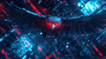 This stunning image depicts a cybernetic owl soaring through a vibrant digital landscape illuminated by glowing red and blue lights, representing technology and innovation.の素材