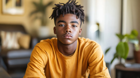 A reflective teenage boy wearing a bright yellow sweater gazes thoughtfully in a cozy indoor space, surrounded by stylish decor, evoking a sense of warmth and comfort.の素材