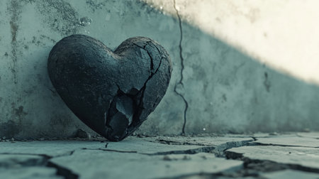 A cracked stone heart rests against a textured surface, symbolizing fragility and resilience. This artistic photo captures deep emotions in a desolate, unique setting.の素材