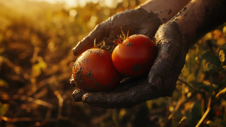 A close-up view of hands holding freshly picked tomatoes, showing dirt and soil, with the sun setting in the background, representing organic farming and nature's bounty.の素材