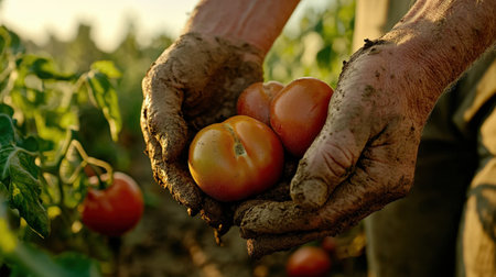 Close-up of hands covered in dirt nurturing ripe tomatoes, symbolizing the hard work in agriculture and the connection to nature through sustainable farming practices.の素材