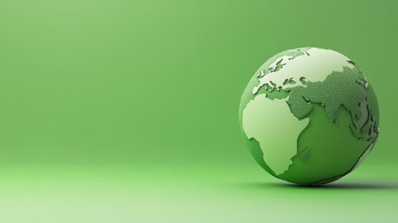 A textured green globe representing Earth on a vivid green background, perfect for illustrating sustainability themes, environmental awareness, and eco-friendly concepts in various media.の素材