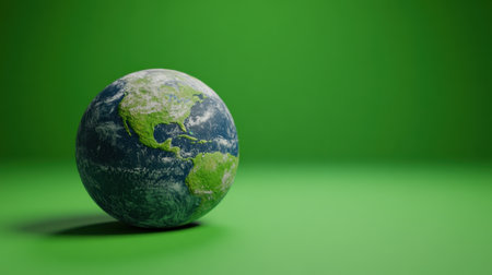 Explore a striking 3D representation of Earth showcasing intricate details of continents and oceans, set against a bold green background for visual impact.の素材