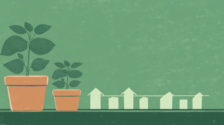 This abstract illustration features potted plants with vibrant green leaves on a textured green background, symbolizing the beauty of nature and personal growth. Perfect for eco-themed designs.の素材