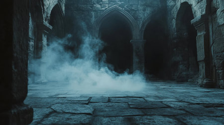 This image features an atmospheric and abandoned stone structure, shrouded in mystic fog and shadows, creating a haunting and surreal ambience perfect for various creative projects.の素材