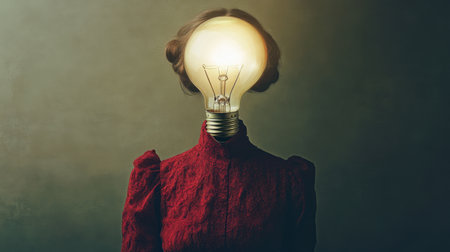 This artistic photograph features a vintage woman with a light bulb for a head, symbolizing creativity and enlightenment in a surreal manner, evoking thoughts of inspiration.の素材
