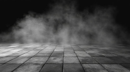 A captivating scene featuring gray smoke softly cascading over a textured floor, perfect for creating a mysterious atmosphere in artistic photography and design projects.の素材
