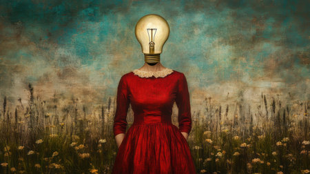 A surreal image of a woman wearing a red dress with a light bulb for a head, standing in a flower-filled field, symbolizing creativity and imagination in an artistic landscape.の素材