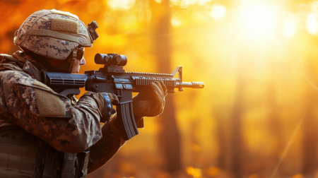 An intense image of a soldier aiming a modern rifle in a vibrant autumn forest, showcasing military readiness against a stunning natural backdrop filled with warm colors.の素材