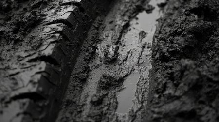 Close-up view of a muddy tire track filled with water puddles, showcasing the rugged terrain and perfect for outdoor and adventure themes in photography.の素材