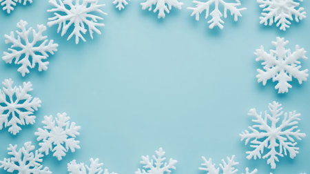Intricate white snowflakes create a stunning circular frame on a soft blue background, perfect for conveying winter charm in designs or holiday projects.の素材