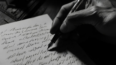 A close-up view of a hand writing with a fountain pen on textured paper, conveying timeless elegance and creativity in a thoughtful black and white composition.の素材