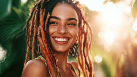 A joyful woman with colorful dreadlocks smiles radiantly in a natural setting, showcasing beauty and warmth in the gentle sunlight, creating a serene atmosphere.の素材