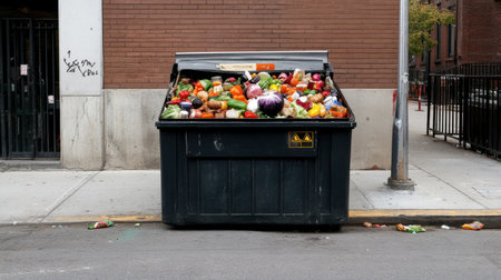 A dumpster overflowing with various kinds of fresh vegetables and fruits in an urban setting, highlighting the issues of food waste and environmental impact of waste management practices.の素材