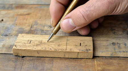 A skilled carpenter marks a piece of wood with a pencil, showcasing precision and craftsmanship in a workshop setting filled with natural light and rustic charm.の素材