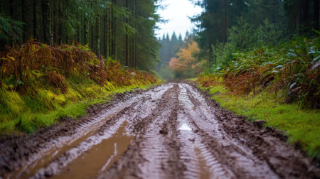 A muddy trail meanders through a serene forest, flanked by lush green ferns and vibrant autumn colors under a cloudy sky, inviting outdoor adventure and exploration.の素材