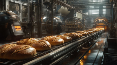 A captivating view of an industrial bakery showcasing freshly baked loaves on a conveyor belt, surrounded by advanced machinery and illuminated by soft, warm lighting.の素材