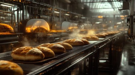 A captivating view of freshly baked bread loaves on a production line in a modern bakery, with steam rising and warm lights illuminating the scene, highlighting the baking process.の素材