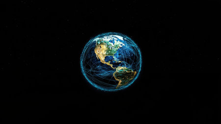 This captivating image portrays Earth surrounded by intricate digital networks, symbolizing global connectivity and communication across various regions and cultures.の素材