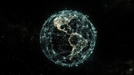This captivating image depicts a digital representation of Earth, showcasing a web of networks that symbolize global connectivity and technological advancement.の素材
