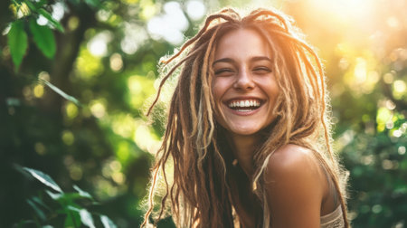 A vibrant young woman with dreadlocks beams with joy in a lush natural setting, basking in warm sunlight, capturing the essence of happiness and freedom.の素材