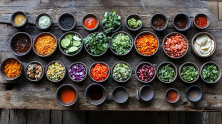 A stunning display of colorful vegetables and fresh herbs in bowls on a rustic wooden table, ideal for culinary inspiration and healthy cooking endeavors.の素材