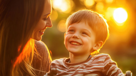 A joyful moment between a mother and her son captured during sunset, showcasing their smiles and connection in a warm and serene outdoor setting.の素材