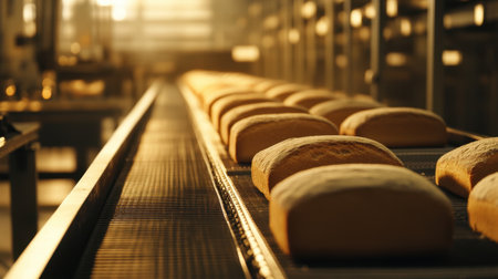 A series of freshly baked bread loaves neatly lined on a conveyor belt in a bakery, showcasing the industrial baking process enhanced by warm lighting and steam.の素材
