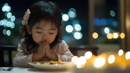 A young girl with a bow closes her eyes in prayer over a plate of food, surrounded by soft candlelight and a blurry nighttime background, capturing pure innocence and family moments.の素材