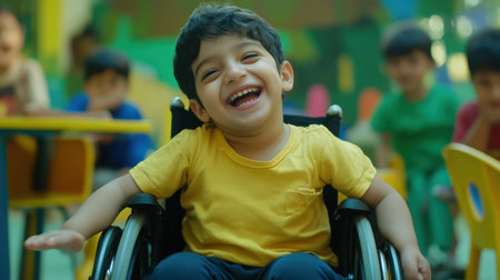 A cheerful young child in a wheelchair expresses joy while surrounded by peers in a colorful classroom, illustrating the beauty of inclusion and friendship during playtime.の素材