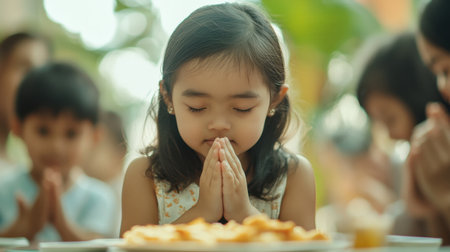 A young girl, eyes closed and hands clasped in prayer, embodies serenity and gratitude during a vibrant group celebration among joyful children.の素材