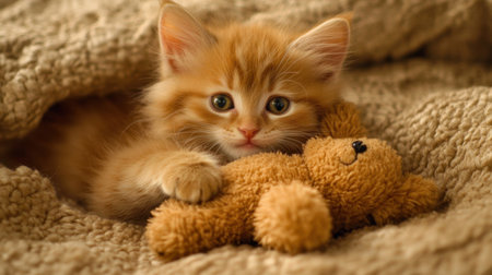 This charming image features a fluffy orange kitten snuggled up with a soft toy bear on a cozy blanket. The warm tones and gentle light create a feeling of comfort and joy.の素材