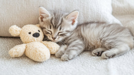 A charming grey tabby kitten cuddles a soft plush bear, radiating warmth and tranquility. This heartwarming scene captures the essence of pet companionship and comfort.の素材