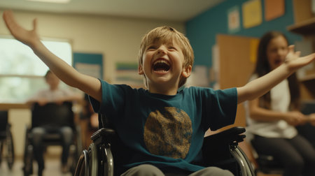 A cheerful boy in a wheelchair is joyfully participating in a lively classroom activity, showcasing happiness and engagement among peers in an inclusive environment.の素材