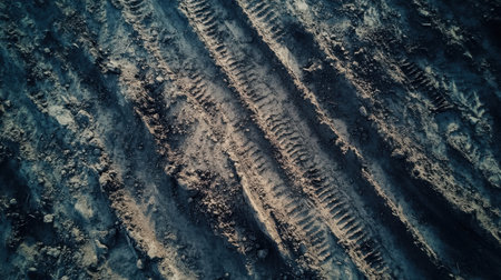 Aerial view of distinct tire tracks in the wet soil, revealing rich textures and patterns in earthy tones, perfect for nature-related projects or background designs.の素材