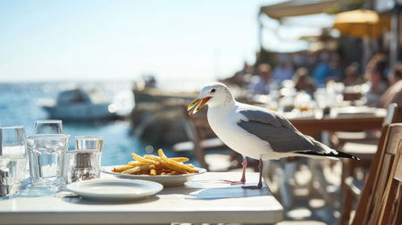 A curious seagull approaches a table at an oceanfront restaurant, eyeing delicious French fries as diners enjoy their meals under the warm sun.の素材