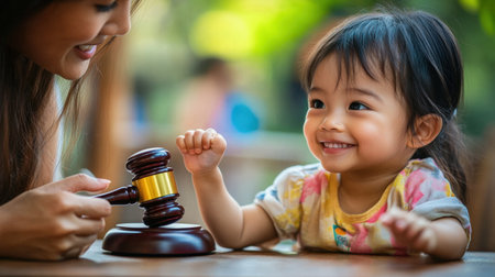 A joyful moment between a mother and her child, featuring a gavel symbolizing law and learning while surrounded by a bright and lush outdoor environment.の素材