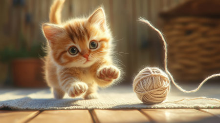 This charming image captures an adorable ginger kitten playing joyfully with a ball of yarn, showcasing its curiosity and playful nature in a warm indoor setting.の素材