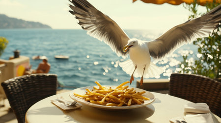 A seagull gracefully swoops down towards a plate of golden French fries on a sunny terrace by the sea, capturing the essence of coastal dining and vibrant nature.の素材