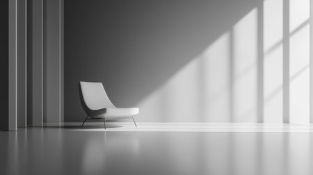 A serene minimalist interior showcasing a modern chair, with soft shadows and light illuminating a smooth floor and warm gray walls, evokes tranquility and style.の素材