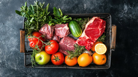 A beautifully arranged basket filled with fresh meats and vibrant vegetables, ideal for culinary delights and healthy meal preparations, showcasing seasonal flavors and nutrition.の素材