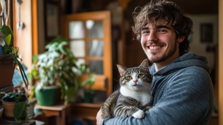 A cheerful young man holds a cute cat in a warm, inviting home filled with plants and sunlight, showcasing a moment of love and friendship in everyday life.の素材