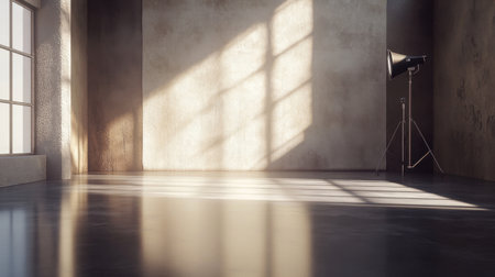 A serene studio space showcasing natural light streaming through large windows, perfect for artistic projects, photography sessions, and creating a calming atmosphere.の素材