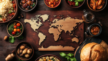 A rustic wooden map of the world showcases an array of global dishes and ingredients, reflecting culinary diversity and the joy of sharing meals around a table.の素材