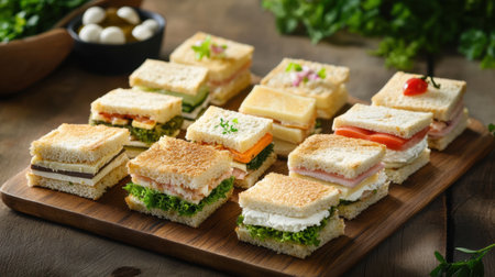 An inviting display of mini sandwiches arranged on a wooden platter, featuring fresh vegetables and vibrant spreads, perfect for snacks or party gatherings.の素材