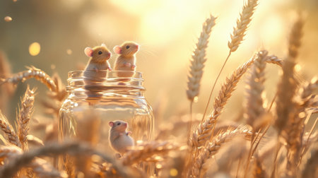 Two adorable baby mice curiously peek out from a jar, surrounded by golden wheat fields glowing in warm sunlight, creating a serene countryside atmosphere.の素材