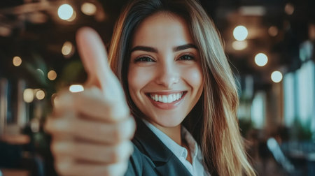Young woman smiling brightly while giving a thumbs up in a modern office. Her cheerful expression reflects confidence and positivity in a professional setting.の素材