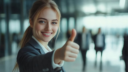 A confident businesswoman in a suit gives a thumbs up while smiling in a modern office. Blurred colleagues engage in conversation, creating a dynamic and supportive work atmosphere.の素材